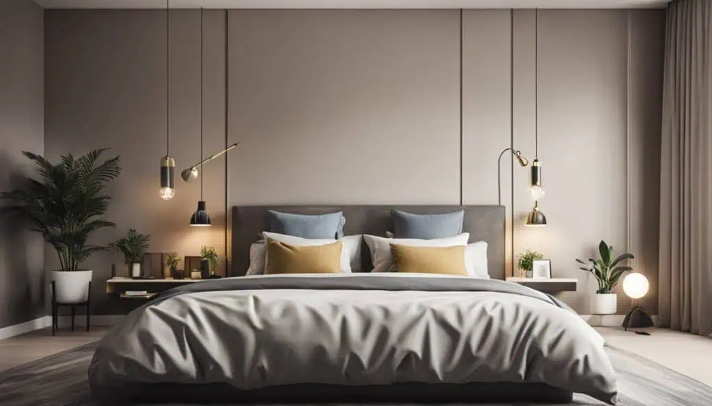 Elegant bedroom with modern decor, soft lighting, and cozy bedding for restful sleep.