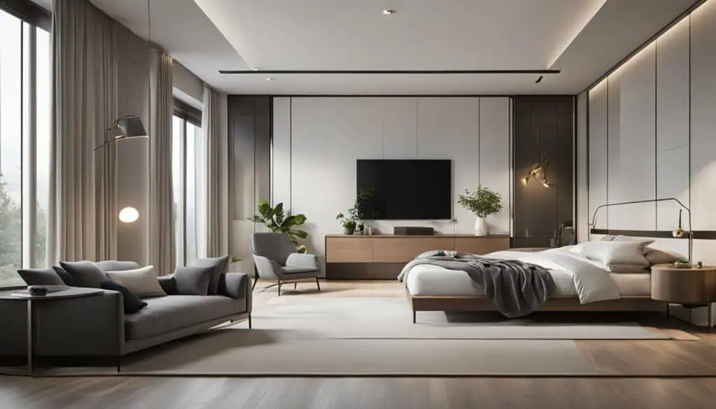 Luxury bedroom with minimalist design, large windows, and elegant furnishings.