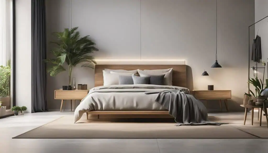 Elegant bedroom with wooden furniture, soft bedding, and ambient lighting.