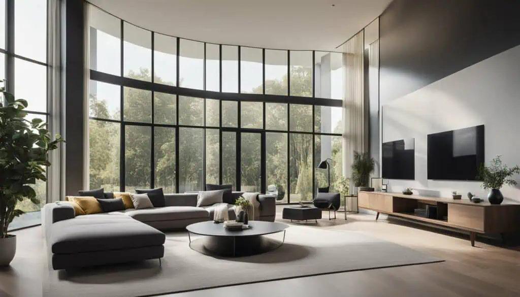 Spacious modern living room with large curved windows and stylish furniture.