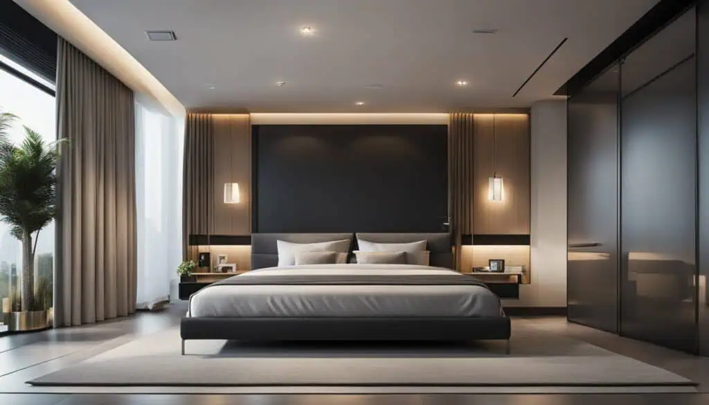 A luxurious modern bedroom featuring a stylish bed, ambient lighting, and elegant decor.