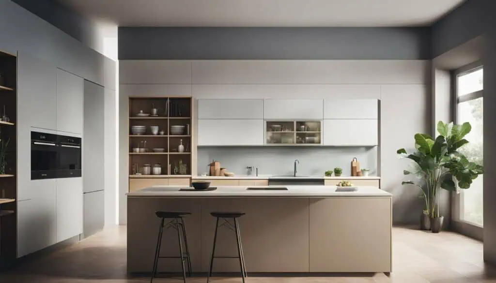Elegant modern kitchen with white cabinets, open shelving, and abundant sunlight.