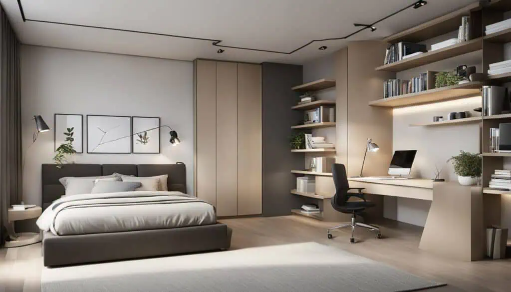 Modern bedroom with integrated workspace, bookshelves, and stylish decor for a cozy, functional livi.