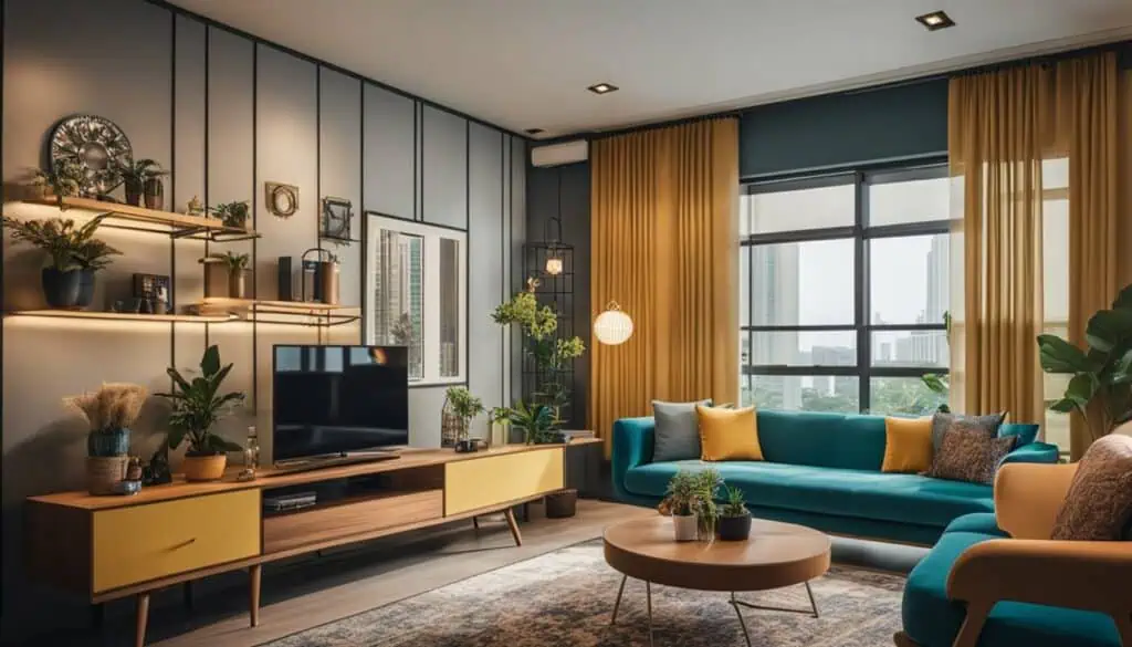 Bright and stylish living room with contemporary furniture, vibrant colors, and natural light from l.