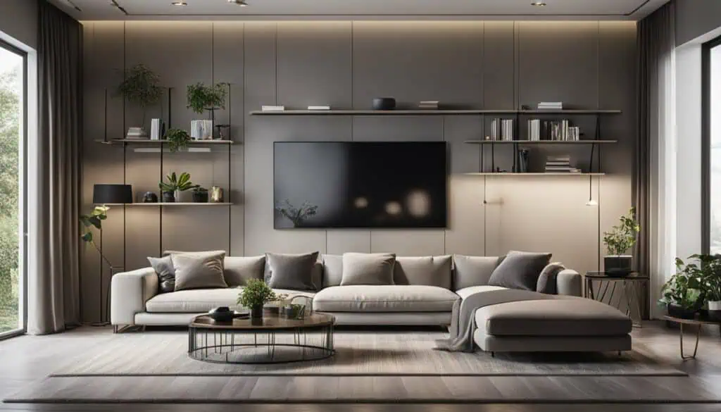 Elegant living room featuring a sleek TV setup, contemporary furniture, and lush greenery for a cozy.