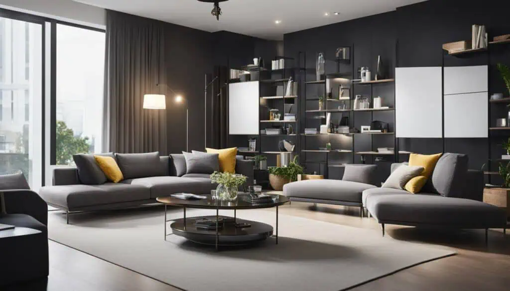 Contemporary living room with black wall, gray sofas, and modern decor.