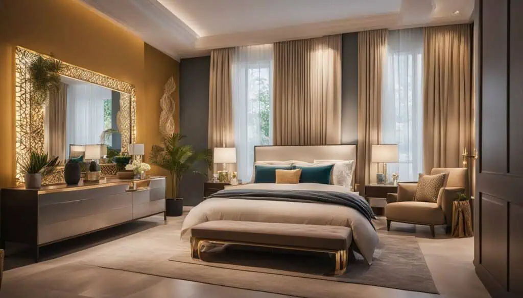 Luxurious bedroom featuring contemporary design, soft lighting, and large windows with flowing curta.