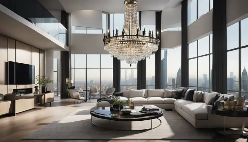 Elegant cityscape view from a luxurious modern living room.