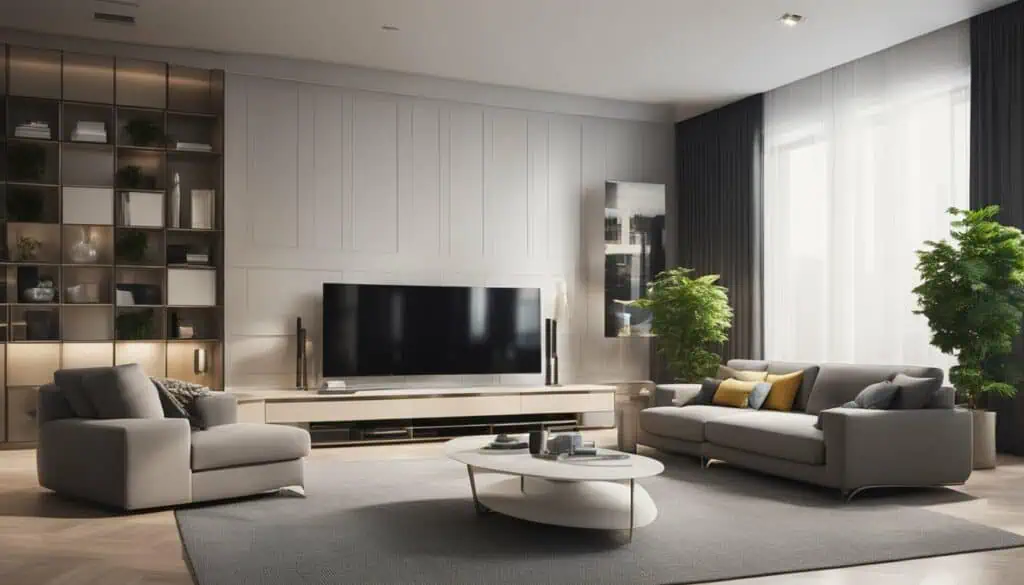 Elegant living room with contemporary furniture and large windows.