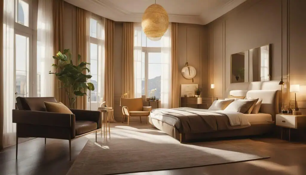 Luxurious bedroom with spacious layout, natural light, and stylish furnishings.
