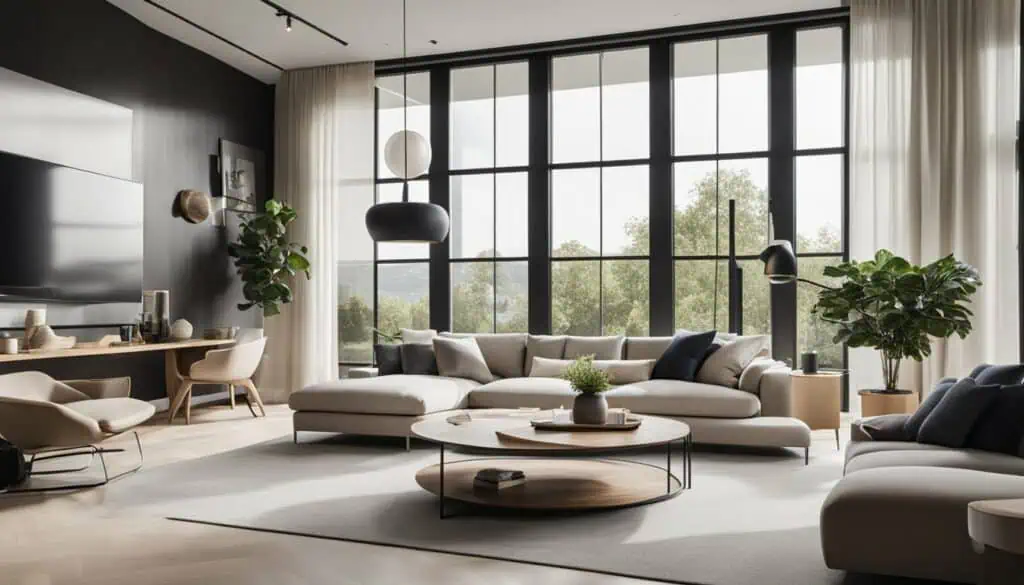 Spacious living room featuring large windows, contemporary furniture, and lush greenery for a relaxi.