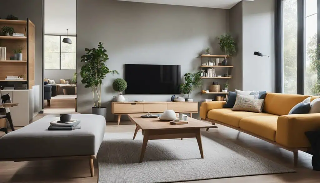 Contemporary living room with cozy sofas, TV, and natural light.