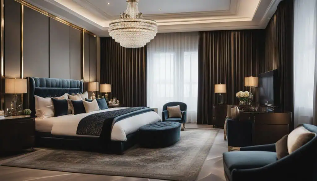 Elegant bedroom featuring plush bedding, sophisticated furniture, and ambient lighting for a luxurio.