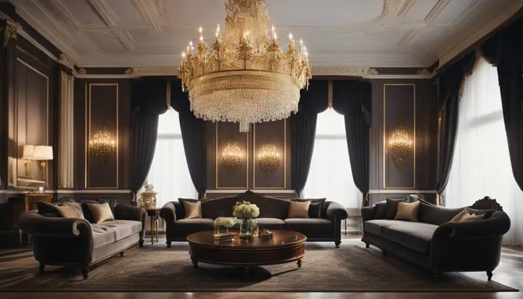 Luxury living room with chandelier, dark drapes, and elegant furniture.