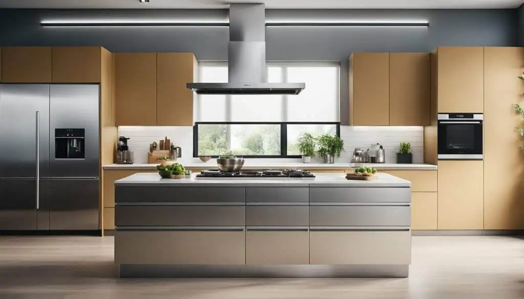 Elegant modern kitchen with beige cabinets, stainless steel appliances, and a spacious island.
