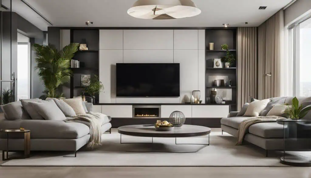 Elegant living room with contemporary furniture and a fireplace.