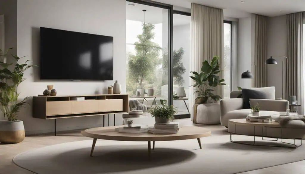 Bright, contemporary living room with sleek furniture and natural light from large windows.