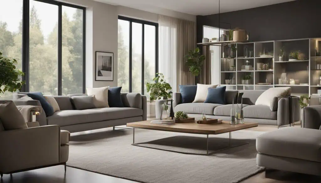 Contemporary living room with large windows and elegant furniture.