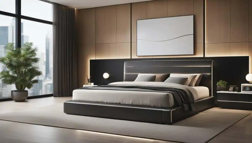 Elegant modern bedroom with large window and minimalist decor.