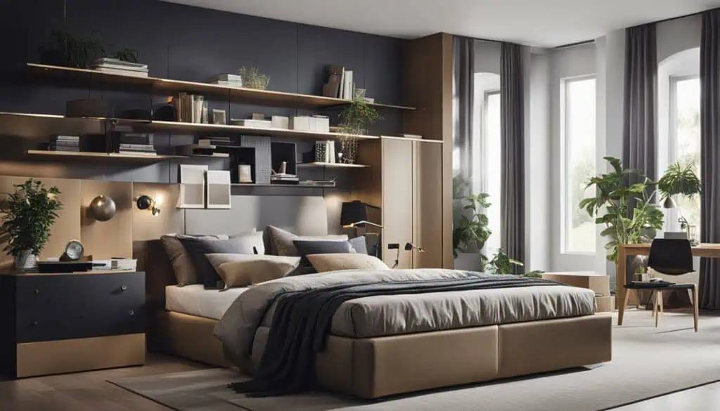 Elegant bedroom with contemporary design, cozy bedding, and lush indoor plants.