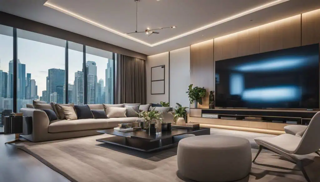 Luxury living room with large windows and city skyline backdrop.