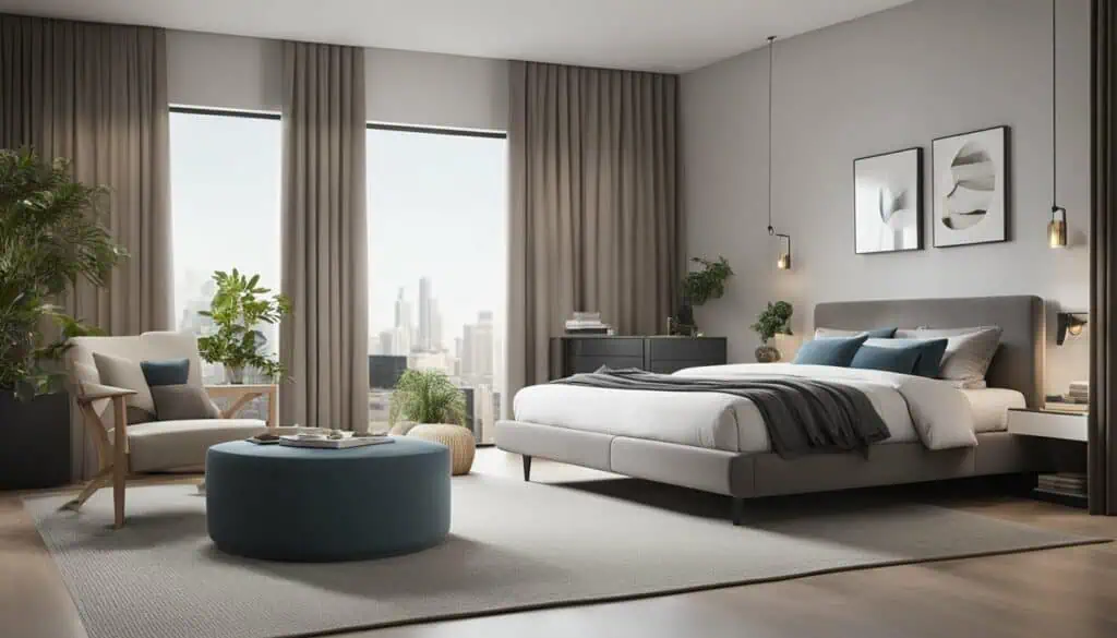 Elegant bedroom with large windows, city skyline, and contemporary furnishings.