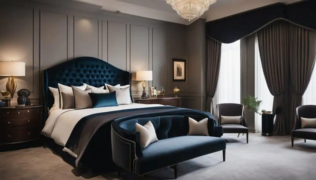 Luxurious bedroom with navy blue headboard and elegant decor.