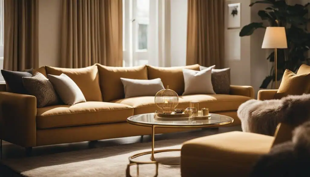 Elegant living room with plush sofas and warm lighting for a welcoming atmosphere.