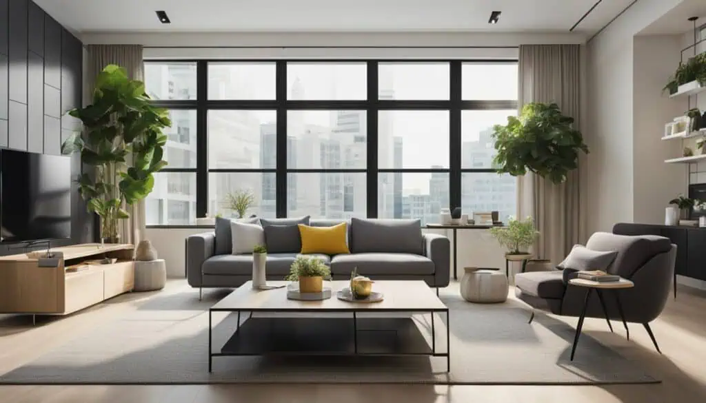 Spacious living room featuring large windows, contemporary furniture, and lush indoor plants for a s.