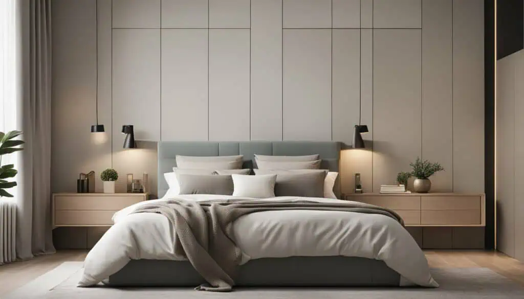 Beautiful contemporary bedroom featuring soft bedding and sleek design elements.