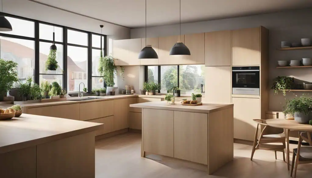 Bright modern kitchen with wood cabinets and large windows for natural light.