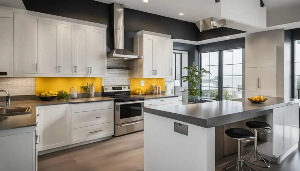 Modern kitchen with white cabinets, stainless steel appliances, and bright yellow backsplash.