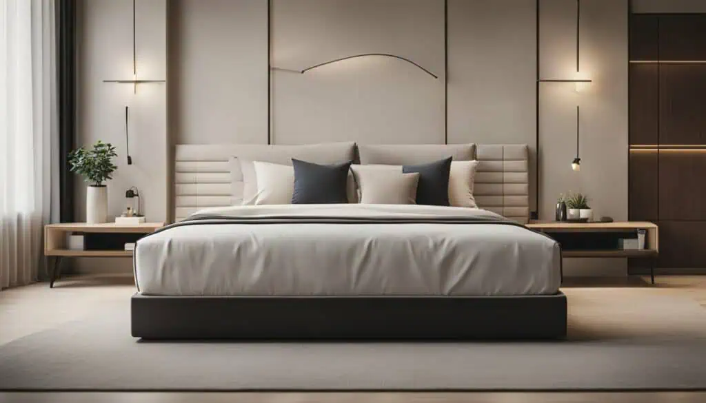Stylish modern bedroom with minimalist decor and cozy ambiance.