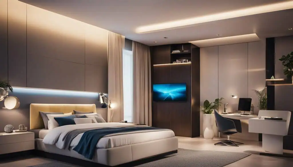 Modern bedroom interior with sleek design, ambient lighting, and smart technology for a luxurious li.