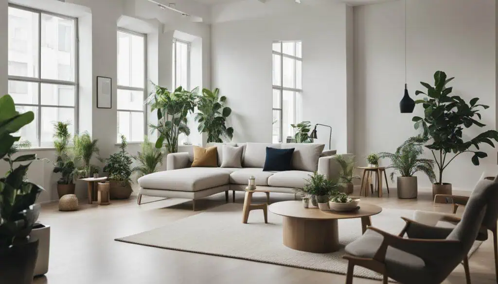 Bright minimalist living room with large windows and lush indoor plants.
