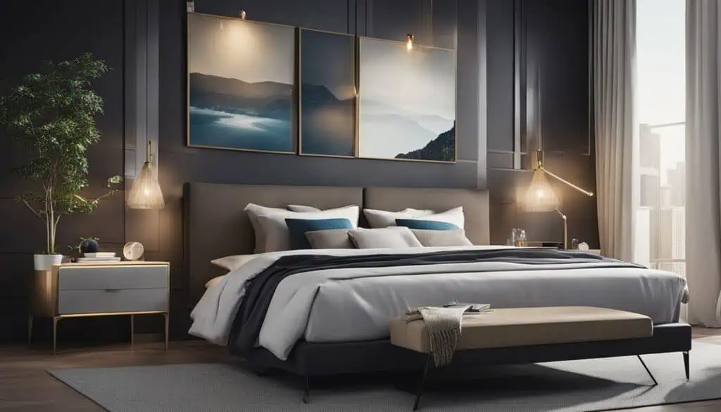 Bright, stylish bedroom featuring contemporary design and scenic landscape artwork. Perfect for mode.