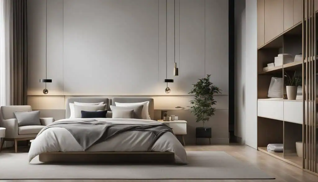 Elegant minimalist bedroom with neutral tones and contemporary decor.