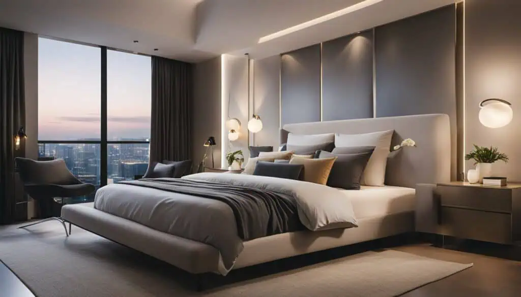 Elegant bedroom with large windows and city skyline view at sunset.
