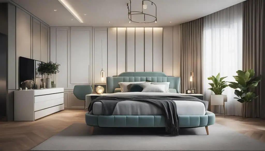 Beautiful bedroom interior featuring contemporary design and calming color palette.