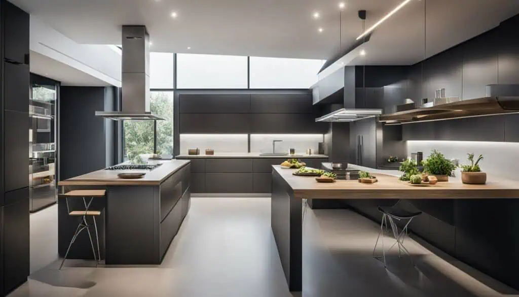 Black kitchen with modern cabinetry, large windows, and minimalist design.