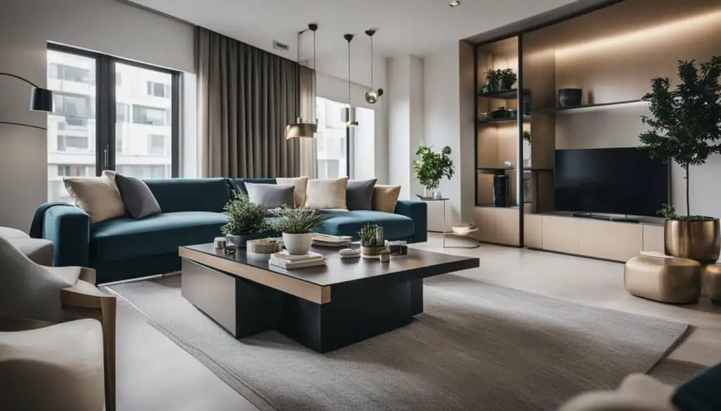 Elegant living room with contemporary furniture and natural light.
