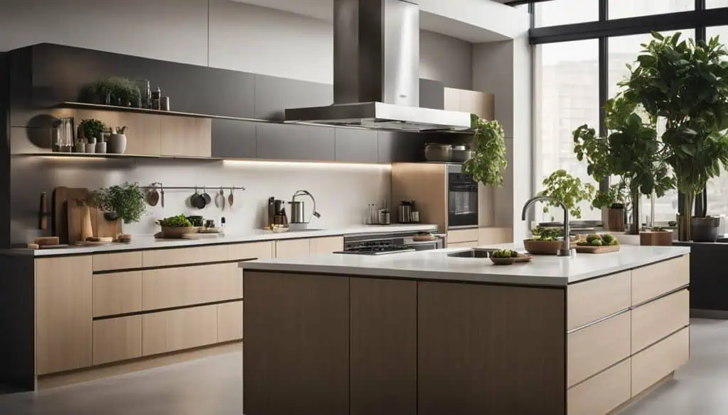 Modern minimalist kitchen with natural wood finishes and large windows for bright, airy space.