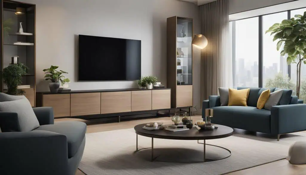 Elegant living room with contemporary furniture and natural light.