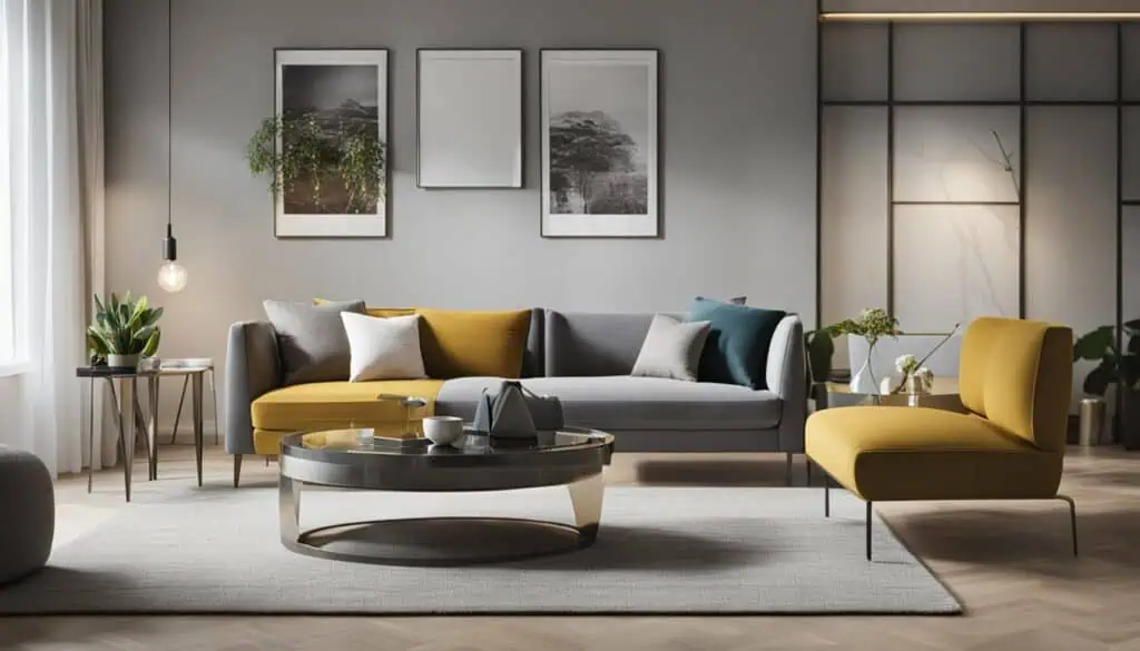 Stylish living room featuring a contemporary sofa, yellow armchair, and elegant wall art for modern.