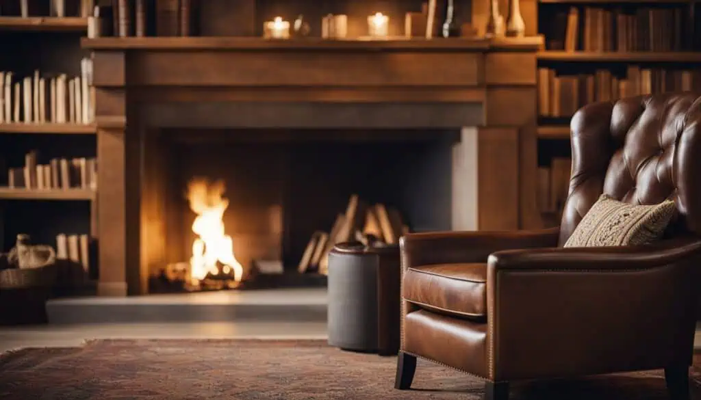 Cozy library with a warm fireplace, leather armchair, and bookshelves creating a relaxing reading no.