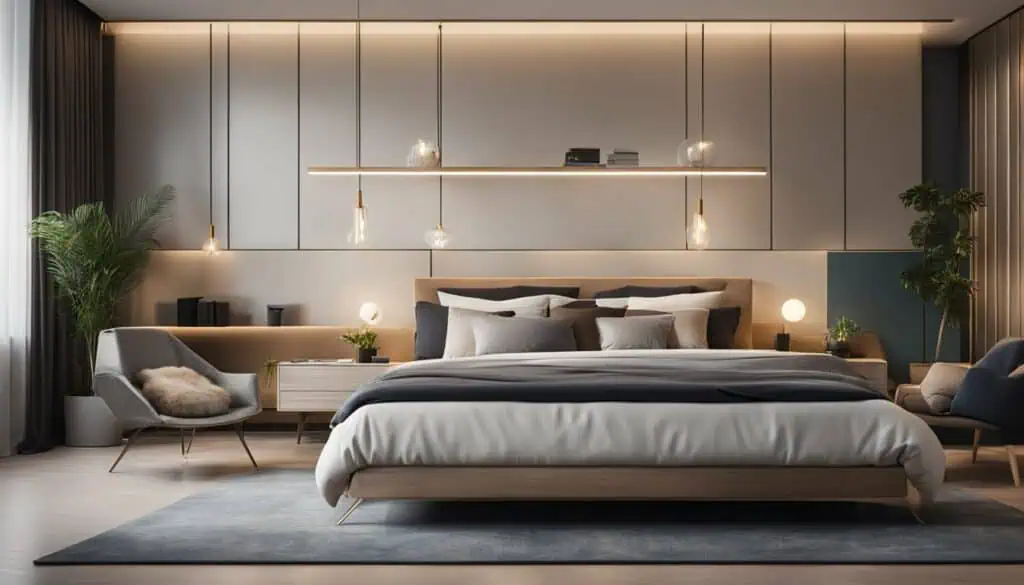 Elegant bedroom with modern decor, soft ambient lighting, and stylish furniture for a luxurious livi.