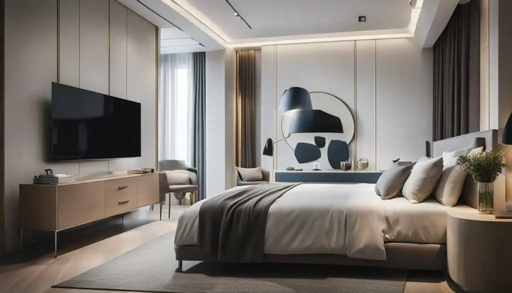 Luxury modern bedroom with elegant decor, large window, and stylish furnishings.
