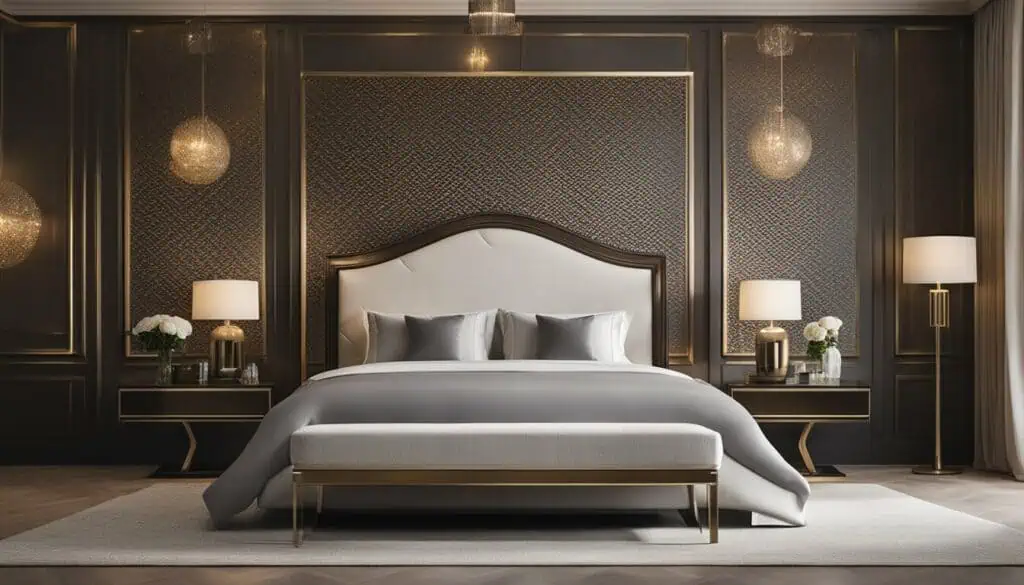 Luxurious bedroom interior with elegant decor, modern lighting, and plush bedding.