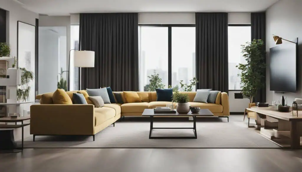 Spacious modern living room with large windows, comfortable yellow sofa, and contemporary decor.