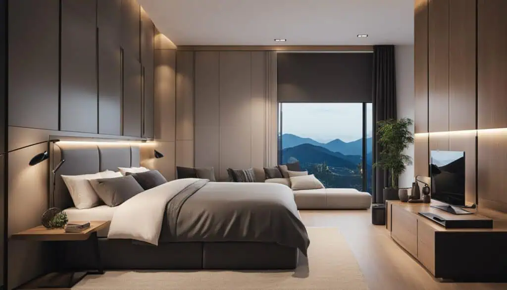 Luxury bedroom with mountain view, modern design, and elegant furnishings.